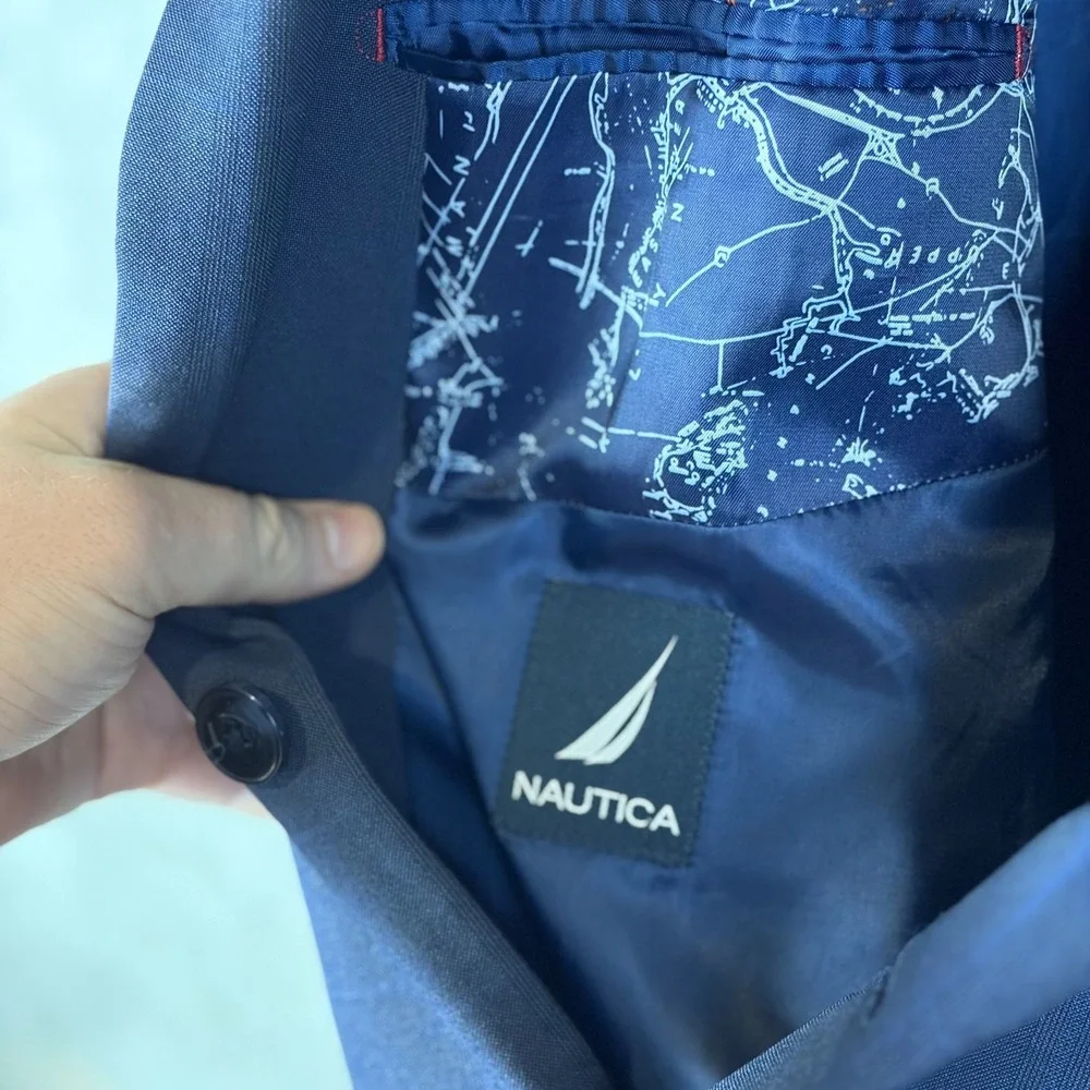 Nautica Blazer Jacket Mens 58 Navy Blue Check Stretch Single Breasted Business